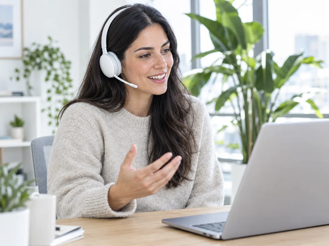 Persona de soporte atendiendo una llamada con auriculares